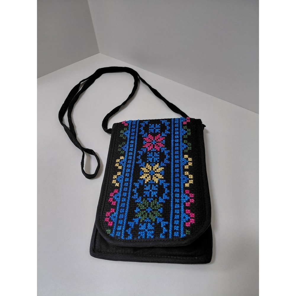 Boho Cross Stitch Embroidered Canvas Crossbody Passport Bag Black Floral Pouch‎